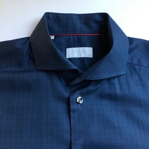 ETON slim dark blue checkered shirt Sz 16.5 made in Europe - Picture 6 of 9
